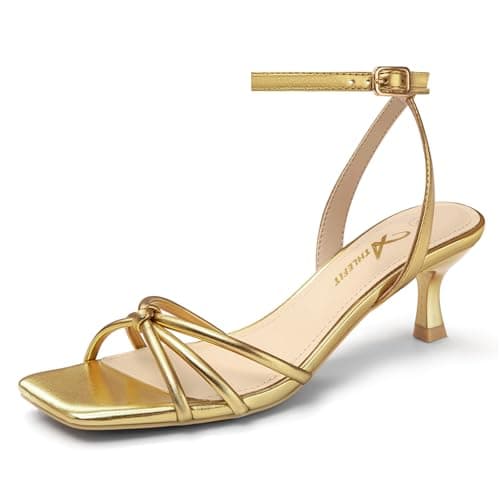 Athlefit Women's Kitten Heels Square Open Toe Strappy Low Heel Sandals Ankle Strap Party Dress Gold Heels for Prom Size 6.5 - Image 1
