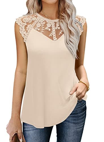 MIHOLL Women's 2026 Summer Casual Shirts Dressy Lace Floral Top Loose Ruffle Shirt Sleeveless Tank Tops(Beige,2X-Large) - Image 1