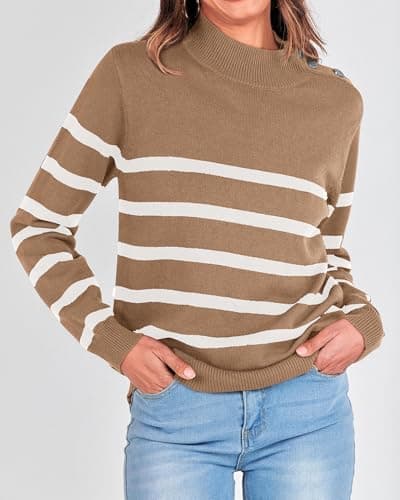 KIRUNDO Fall Sweaters for Women 2026 Striped Turtleneck Ribbed Knit Sweater Trendy Pullover Jumper Winter Fashion Clothing(X-Large, Light Khaki) - Thumbnail 6