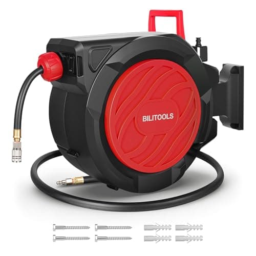 BILITOOLS Retractable Air Hose Reel, 3/8" x 100 ft Hybrid Air Hose Max 300PSI, Enclosed Air Compressor Hose Reel with Auto Rewind & 6.5 ft Lead-In Hose, 180° Swivel Wall/Ceiling Mount - Image 1