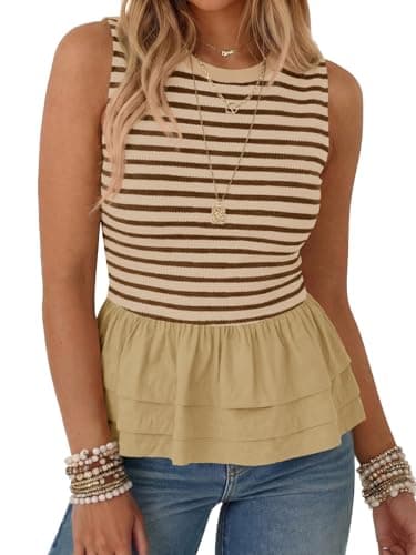 Tankaneo Womens Summer Striped Peplum Tank Tops Casual Crew Neck Sleeveless Shirts Color Block Loose Fit Ruffle Blouse Khaki - Image 1