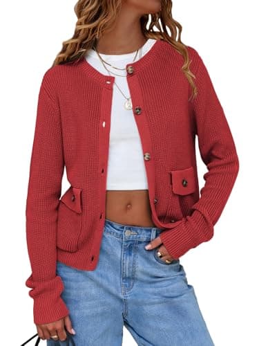 EXLURA Womens 2025 Knit Cardigan Sweaters Spring Fall Crewneck Open Front Button Jacket Fashion Outerwear Coats with Pockets Wine Red - Image 1
