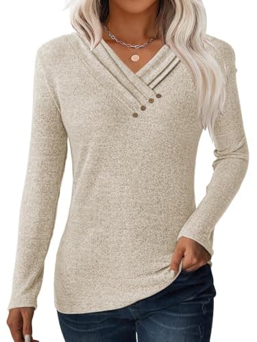 GKBK Womens Long Sleeve Tunic Tops for Legging V Neck Button Loose T Shirts 2026 Fall Winter Dressy Business Casual Blouse Pullover Sweatshirt Work Cute Fashion Trendy Sweater Outfit Clothes Khaki XS - Image 1