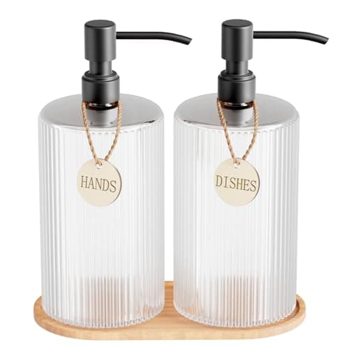 18Oz Soap Dispenser Set with Black Stainless Steel Pump & Wood Tray - Vertical Stripe Design Refillable for Dish Soap & Hand Soap, Fits Kitchen & Bathroom Countertops - Image 1