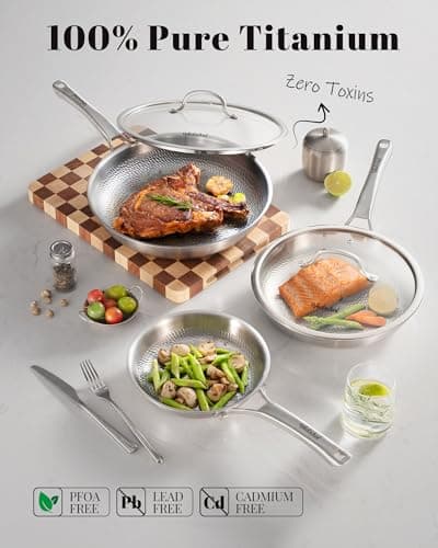 VEDNHOL Titanium Pan, 12 Inch Pure Titanium Hammered Pro frying pan with Lid, Non-Toxic Skillet for Cooking, PFAS/PFOA/PTFE Free Cookware, Dishwasher&Oven Safe, Kitchen Induction Compatible - Thumbnail 2