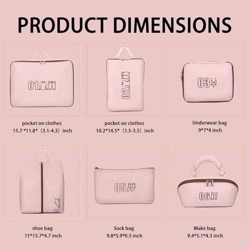 6 Set Compression Packing Cubes for Travel, Gifts for Women Mom, Anti-Tearing Suitcase Organizer for Luggage with Shoe & Hanging Toiletry Bag, Vacation Essentials & Accessories for Cruise Ship, Pink - Thumbnail 2