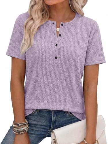 ANRABESS Womens Tops Short Sleeve Henley Shirts Dressy Casual Blouse Summer Cute Tshirt 2026 Spring Lightweight Tunic Sweater Light Purple Small - Image 1