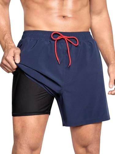 SILKWORLD Mens Swim Trunks with Compression Liner 6" Swim Shorts Quick Dry Bathing Suit Swimming Trunks Zipper Pockets, Navy, Large - Image 1