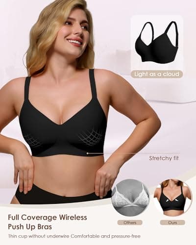 As Fairy Wireless Push Up Comfort Bra for Women with Soft Support Seamless Stretch Full Coverage Everyday Bras Black 34D - Thumbnail 5