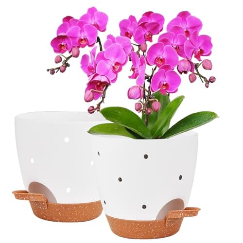 Vanslogreen 6 Inch Orchid Pots with Holes, 2 Pack Self Watering Planters for Orchids Plastic Orchid Pot Plant Flower Pots for Orchids Indoor Outdoor (White with Brown) - Image 1