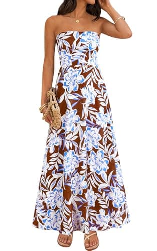 PRETTYGARDEN Women's Floral Maxi Dress 2026 Boho Off Shoulder Backless Flowy Spring Wedding Guest Dresses Long Sundress (Brown White Floral, Medium) - Image 1
