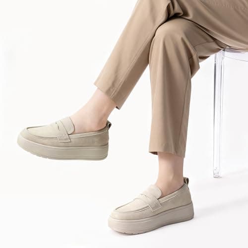 Rihero Slip On Womens Loafers Comfortable Casual Loafer Shoes Trendy Round Toe Platform Shoes for Work Walking Beige Size 9 - Thumbnail 2