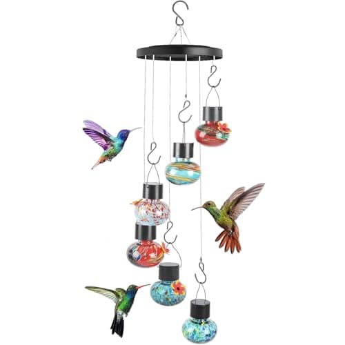 TAOZIMA Solar Wind Chimes Hummingbird Feeder for Outdooors, Blue Hand-Blown Glass Bird Feeders with Leak-Proof Design, Ant & Bee Resistant, Perfect Garden Patio Decor (Multicolor)