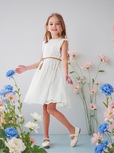 ALLOVIN Toddler and Girls Vintage Boho A-Line Lace Dress with Belt Pom Pom Trim Birthday Party Dress | White | 8-9Y - Thumbnail 5