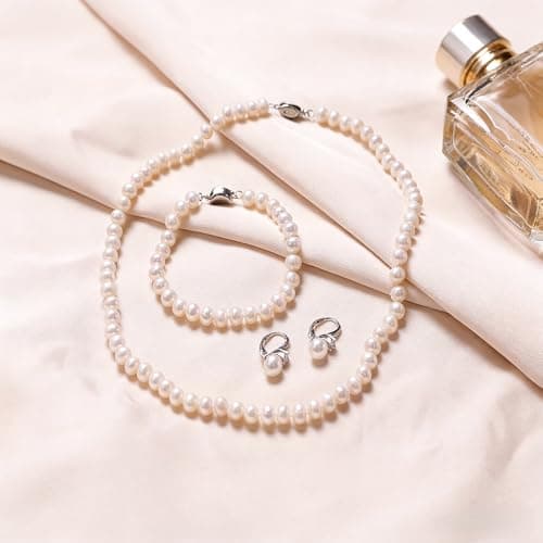 COYATE Freshwater Pearl Necklace Set Includes Bracelet and Earrings 7-9mm Genuine Pearl Set Jewelry for Women Gift for Mother's Day, Anniversary, Birthday, Valentine's Day, Wedding - Thumbnail 2