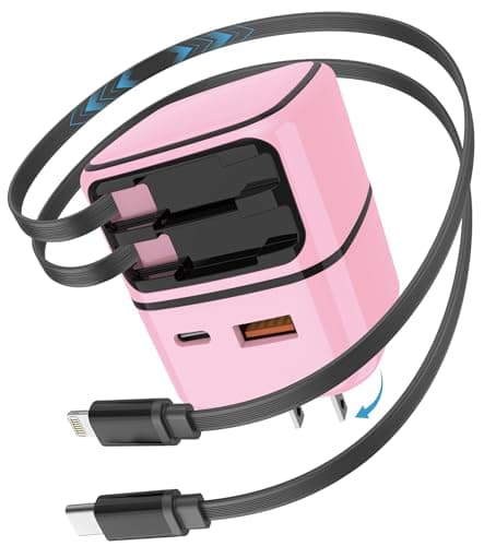 4-in-1 Retractable Gan Wall Charger Plug: 35W Fast Charging, Built-in USB C/Apple Cable, Dual USB-A/USB-C Ports, Charger Block for iPhone 17/16/15/14/13, iPad, Galaxy, Pixel, Travel Essentials, Pink - Image 1