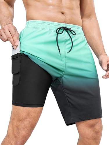 SILKWORLD Men's Swim Trunks Quick Dry Beach Shorts with Compression Liner and Zipper Pocket, Gradient-Green Black, XX-Large - Image 1
