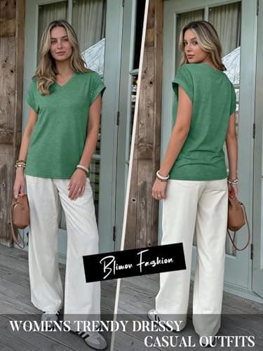 Bliwov Womens Summer Tops V Neck Lace Short Sleeve T Shirts Dressy Casual Business Outfits 2026 Spring Fashion Tee Clothes Green - Thumbnail 4