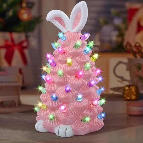 GARKALY Light up Easter Bunny Decor Glowing Tree, Cute Ceramic Easter Tree Bunny Decorations for The Home Indoor Bedroom Office Decor Tabletop,Night Light for Kids Gifts (Pink) - Thumbnail 5