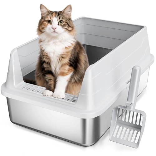 Stainless Steel Cat Litter Box, Odor Free Metal Litter Box with High Sides Lid, Open Top Low Entry Litter Pan Include Scoop Easy Cleaning Anti-Scratch Kitty Cat Box Anti-Urine Leakage, Non-Sticky, M - Image 1