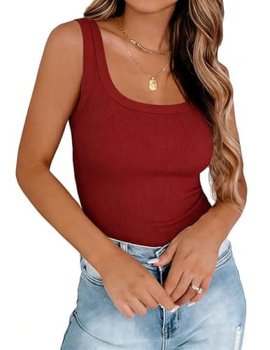 LETSEE Ribbed Tank Tops for Women Scoop Neck Sleeveless Fitted Camisole Basic Summer Knit Top Slim Casual Y2K Red - Image 1