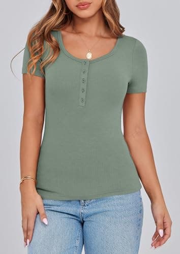 PRETTYGARDEN Women's 2026 Fall Summer Short Sleeve Tops Ribbed Henley Button Slim Fit Basic Casual T Shirts Blouse Clothing (Light Green,Large) - Thumbnail 4