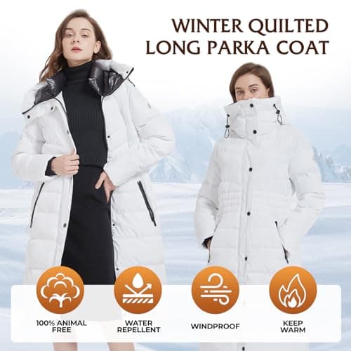 IKAZZ Long Winter Jacket for Women, Thick Down Alternative Insulation, Lightweight Yet Warm for Everyday Wear, Multi-Pocket Functionality for Storage, White L - Thumbnail 2