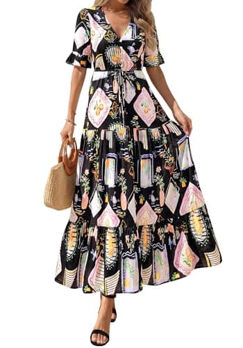 BTFBM Boho Dresses for Women 2026 Summer Spring Casual Floral Short Sleeve V Neck Flowy A-Line Maxi Party Dress Pockets(Floral Black Multi, Medium) - Thumbnail 2