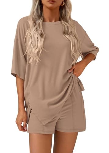 KIRUNDO 2 Piece Sets for Women Summer Lounge Sets Casual Oversized Tshirts Shorts Matching Airport Travel Outfits Postpartum(Khaki, X-Large) - Image 1