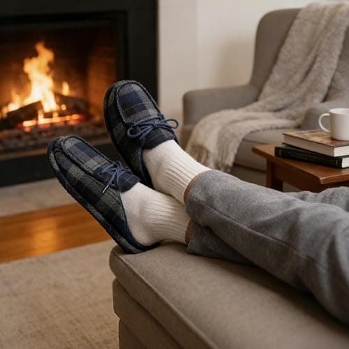 GOEWY Men's Loafers Slippers Memory Foam Warm Slip On Non-Slip Indoor Outdoor Fuzzy House Shoes with Tie Gifts for Men Him Dad - Thumbnail 3