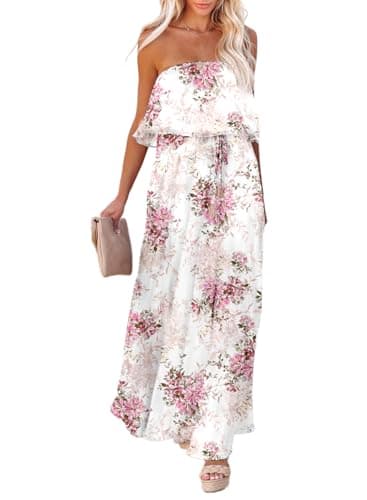 Dokotoo Women Floral Print Maxi Dress Strapless High Waist Side Split Beach Vacation Clothes Flowy Off The Shoulder Beach Dresses Casual Spring Dresses for Women 2026 - Image 1