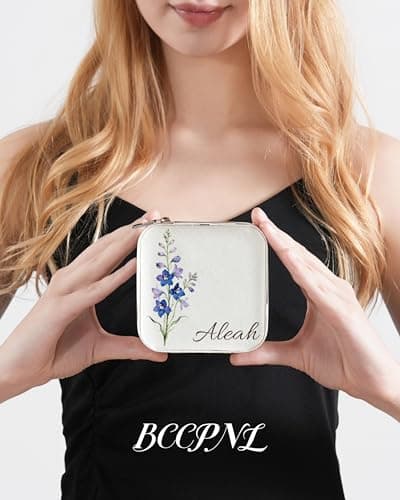 Personalized Jewelry Travel Case(with mirror) with Your Name and Birth Flower,Personalized Gifts for Women - Festival gifts, Bridesmaids Gifts, Small Travel Jewelry Box Organizer for Girls (white) - Thumbnail 2