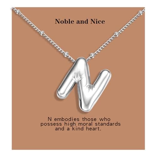 BOLAGTIER Bubble Letter Necklace Gold Plated Balloon Initial Chunky Bubble Alphabet Pendant Necklace Trendy Jewelry Gift for Women (N, Silver) - Image 1