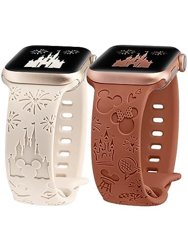 Girovo 2 Packs Cartoon Engraved Bands Compatible with Apple Watch Bands 38/40/41/42mm Women, Cute Anime Designer Silicone Strap for iWatch Series 11 10 9 8 7 6 5 4 3 SE/Ultra 3 2 1, Starlight/Brown - Image 1