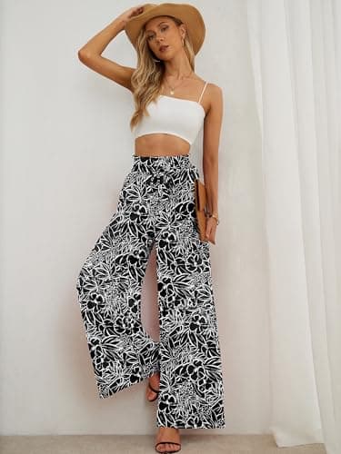 Heymoments Women's Wide Leg Dress Pants with Pockets White Flower Black Large Lightweight Elastic High Waisted Adjustable Tie Knot Flowy Casual Ladies Beach Pleated Trousers - Thumbnail 4