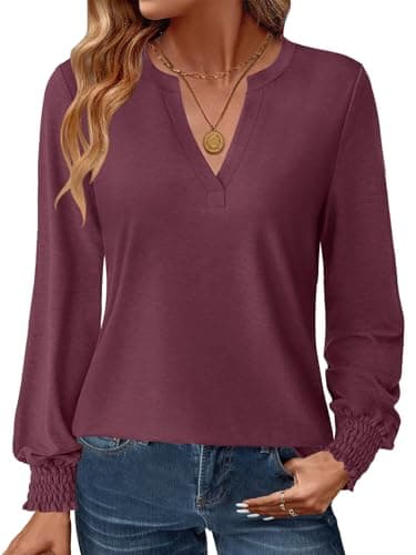 GKBK Womens Long Sleeve Shirts Fall Tops V Neck Business Dressy Casual Blouses with Smocked Cuffs Wine Red - Image 1