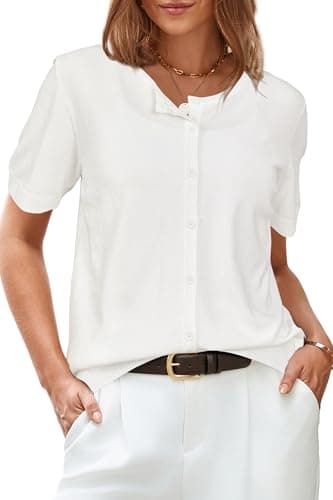 Arach&Cloz Womens 2026 Fashion Summer Cardigan Button Down Short Sleeve Tops Spring Lightweight Shrugs Sweater Crew Neck Casual Bolero Shrug Trendy White XXL - Image 1