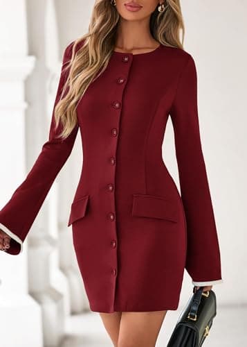 Lazysmile Women's Casual Dresses Long Sleeve Boat Neck Button Down Bodycon Mini Fall Party Club Cocktail Dresses for Women Wine Red - Thumbnail 5