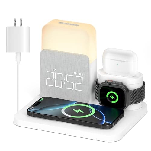 Alarm Clock with Wireless Charger for Bedrooms, 6 in 1 Wireless Charging Station, Magnetic Charger with Night Light Bedside Clock for iPhone 16 15 14 13 12 Pro Max, Apple Watch, AirPods