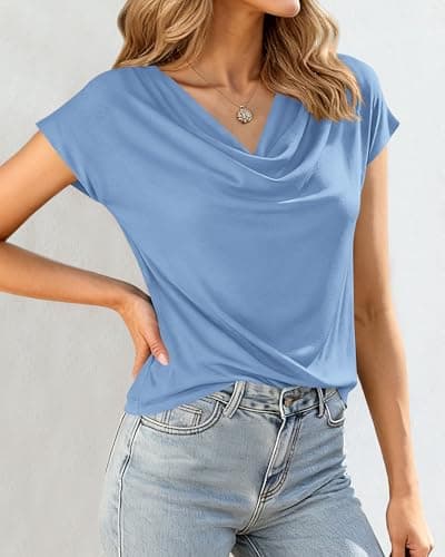 BTFBM Cowl Neck Tops for Women 2026 Spring Womens Tops Dressy Casual Business Blouses Short Sleeve Shirts Summer Outfits(Light Blue, X-Large) - Thumbnail 4