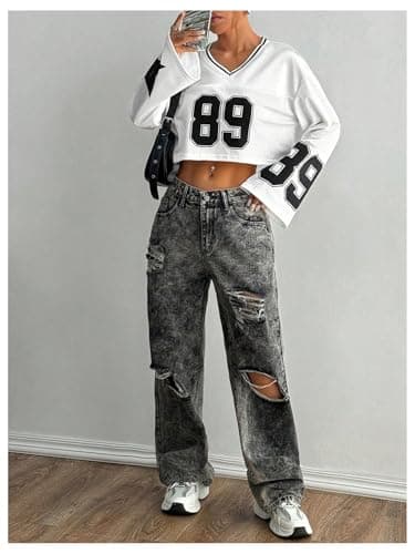 Milumia Women's Jersey Shirts Y2k Number Print Long Bell Sleeve Crop Tops Football Jersey White X-Small - Thumbnail 5