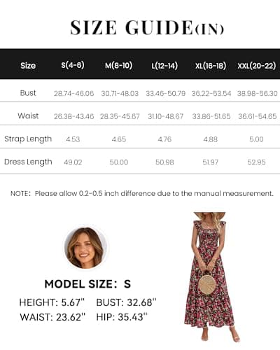 dowerme Womens Summer Maxi Dresses 2026 Casual Ruffle Sleeve Button Smocked Floral Slit Boho Dress Spring Beach Sundress(Black Red Flower,Small) - Thumbnail 6