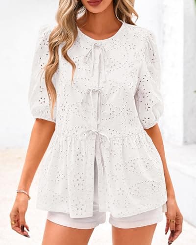 KIRUNDO Peplum Tops for Women 2026 Summer Eyelet Tie Front Blouses Casual Short Lantern Sleeve Cute Y2K Lace Babydoll Shirts(White, XX-Large) - Thumbnail 3