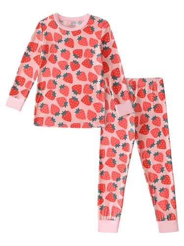 Joonberry Toddler Kids Soft Bamboo Viscose Long Sleeve Top and Pants Clothing Set–2-Piece 2-9Y Boys Girls Outfit（Strawberry, 3-4Y - Image 1