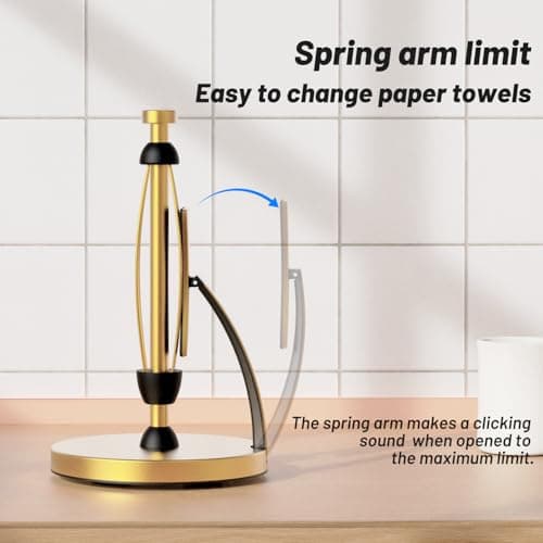 VEHHE Paper Towel Holder Countertop, Paper Towel Holder with Spring Activated Arm and Damping Effect, Simply Tear Paper Towel Stand for Bathroom and Kitchen (Gold) - Thumbnail 3