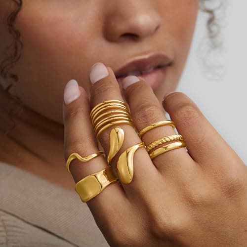 Yoosteel Easter Gifts for Women - 14K Gold Plated Chunky Rings Stack for Women Hypoallergenic Thick Stackable Open Rings Non Tarnish Dainty Ring Stack Set Trendy Jewelry Gifts 12 PCS - Thumbnail 2