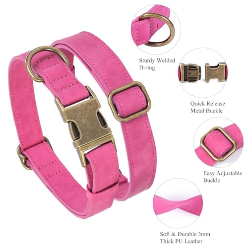 Jumpress Soft Leather Dog Collar for Small Medium Large Dogs, Heavy Duty Dog Collar Leather with Quick Release Metal Buckle, Durable & Adjustable for Large Dogs Walking (Hot Pink, L) - Thumbnail 2