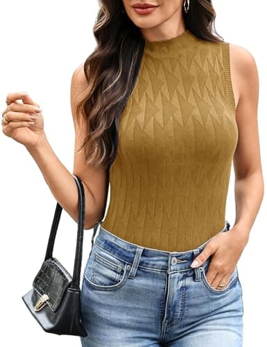 Totatuit Mock Turtleneck for Women Sleeveless Turtle Neck Knit Sweater Tops Camel M - Image 1