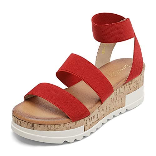 DREAM PAIRS Women's Open Toe Elastic Ankle Strap Casual Flatform Platform Wedges Sandals,Size 9,Red,REED-1 - Image 1