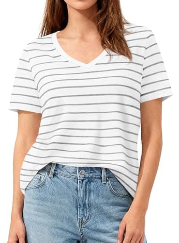 PRETTYGARDEN Short Sleeve Shirts for Women 2026 Spring V Neck Cute Tops Casual Striped Shirt Knitted Tees Summer Outfits (Striped White Grey,Medium) - Image 1